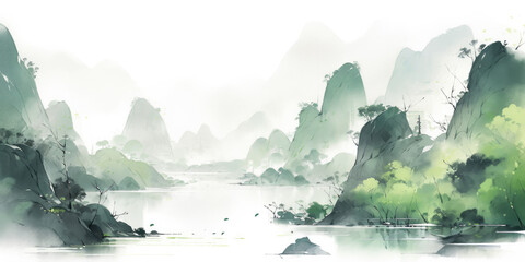 Spring landscape scenery in light color ink wash painting
