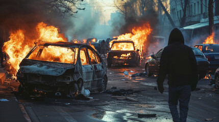 Urban chaos with multiple vehicles ablaze in street riot. Vivid flames and smoke set against dimming light create striking visual impact. Ideal for content related to civil unrest or conflict. - obrazy, fototapety, plakaty