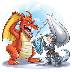 Cartoon knight fighting a dragon. Vector clip 