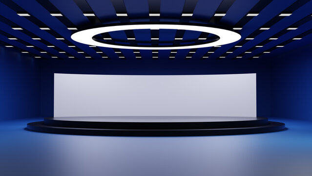 Empty stage Design for mockup and Corporate identity,Display.Platform elements in hall.Blank screen system for Graphic Resources.Scene event led night light staging.3d Background for online.3 render.