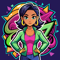 Sticker featuring a stylish girl striking a confident pose against a backdrop of vibrant graffiti, adding urban flair to t-shirt designs