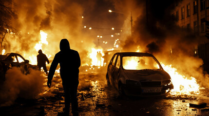 Street riot - night of turmoil, vehicles ablaze under glow of streetlights. Silhouettes of people amid chaos add haunting human element. Ideal for conveying stories of night-time riots and conflicts.