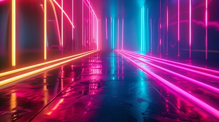 Futuristic neon lights hallway, vibrant colors, abstract sci-fi corridor. perfect for backgrounds and visual projects. reflective surface. AI