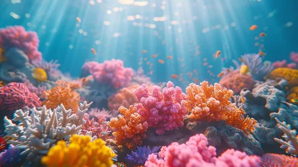 Foto op Plexiglas anti-reflex colorful sea coral reef claymation, penetration light, text copy space © growth.ai