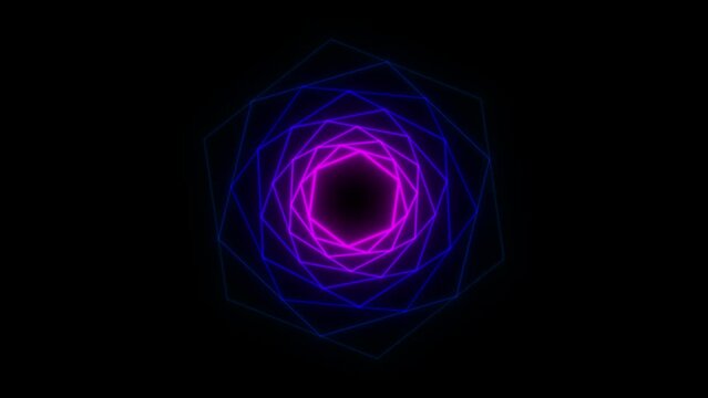 Animated neon glowing pentagon frame. Colorful laser show seamless loop 4K border. Futuristic light effect isolated on black. VJ backdrop for club, show, music video, presentation. Glow swirl design