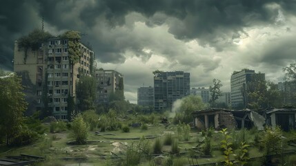 Obraz premium Post-apocalyptic cityscape with abandoned buildings under stormy skies. dark, moody atmosphere in a deserted urban area. evocative of dystopian fiction. AI