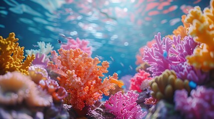 Naklejka na ściany i meble colorful sea coral reef claymation, penetration light, text copy space