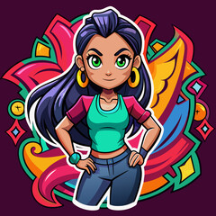 Sticker featuring a stylish girl striking a confident pose against a backdrop of vibrant graffiti, adding urban flair to t-shirt designs