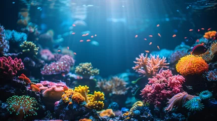 Tuinposter colorful sea coral reef claymation, penetration light, text copy space © growth.ai