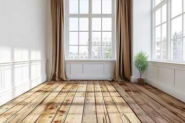 Empty white room mock up with white window, brown curtain and wooden floor. 3d illustration.