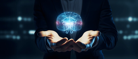 Illustration of a businessman holding a brain with lights, Creative business brainstorming and idea for innovative projects, creativity and intelligence, Innovation concept, Eureka moment