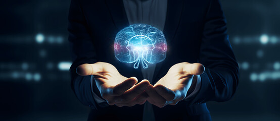 Fototapeta premium Illustration of a businessman holding a brain with lights, Creative business brainstorming and idea for innovative projects, creativity and intelligence, Innovation concept, Eureka moment