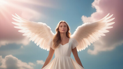 An angel with white wings on a soft cloud, vanilla-pink-blue background color scheme. Little angel girl.