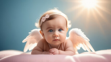 An angel with white wings on a soft cloud, vanilla-pink-blue background color scheme.