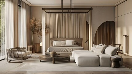 Modern style large bedroom featuring a canopy bed and a seating area with a modular sofa and a coffee table