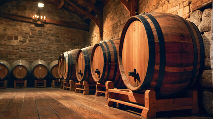 Wine barrel in wine cellar. Wine tasting and winemaking concept