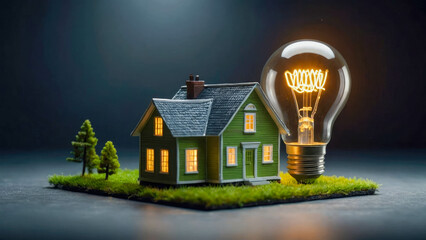 House with light bulb on the grass. Real estate concept - obrazy, fototapety, plakaty