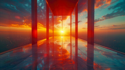 Sunset in the windows of the modern office building  with reflection in the water - obrazy, fototapety, plakaty