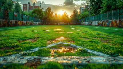 Soccer field with green grass and sunlight in the evening. Selective focus - obrazy, fototapety, plakaty