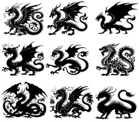 Fototapeta premium a set of dragon collection silhouettes - contains 9 dragons