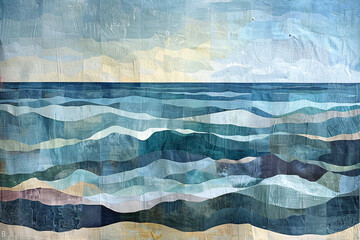 Abstract textured seascapes with sun, clouds, and coastal scenes. Illustration for interior design - obrazy, fototapety, plakaty