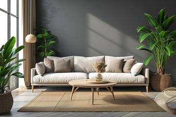 Generative AI image of interior of gray walled living room with comfortable sofa center table carpet curtains potted plants while window sunlight and standing lamp illuminating place - obrazy, fototapety, plakaty