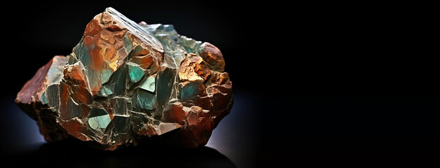 Demesmaekerite is a rare precious natural stone on a black background. AI generated. Header banner...