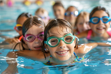 Gruppo di bambini felici che imparano a nuotare durante una lezione in piscina