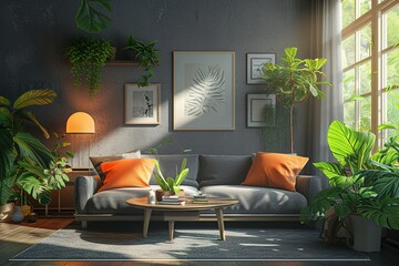 Generative AI image of interior of gray walled living room with comfortable sofa center table carpet curtains potted plants while window sunlight and standing lamp illuminating place