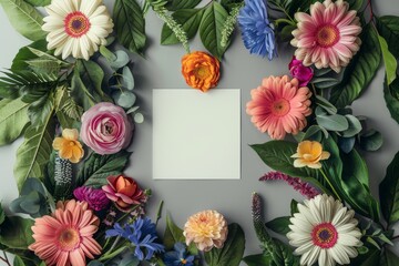 Vibrant Symphony of Flora, Lush Leaves and Vivacious Blooms Frame a Blank Canvas