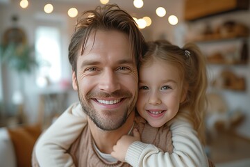 Happy father, kiss and piggyback child in home, bonding and having fun together. Smile, dad and carrying girl with care, love and support, play and enjoying quality time in living room with family