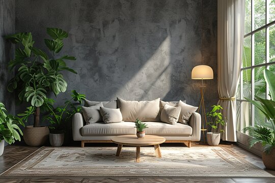 Generative AI image of interior of gray walled living room with comfortable sofa center table carpet curtains potted plants while window sunlight and standing lamp illuminating place