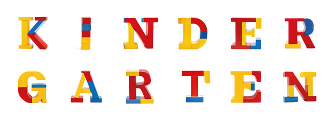 Kinder garten in 3D colorful font from wooden toy blocks