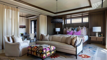 Modern style large bedroom with a statement pendant light fixture and a seating area with a loveseat and a pair of accent chairs upholstered in a bold pattern