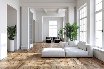 Interior of a contemporary white living room with a white sofa, small entrances, and a wooden floor. Two mock up black armchairs.