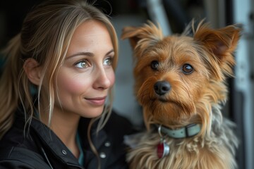 A young woman with contemplative expression holding a Yorkshire Terrier, suggesting thoughtfulness and care