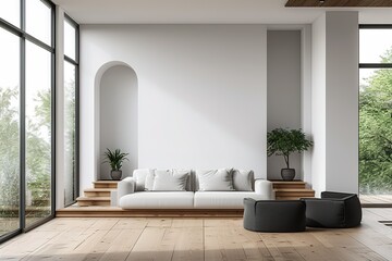 Interior of a contemporary white living room with a white sofa, small entrances, and a wooden...
