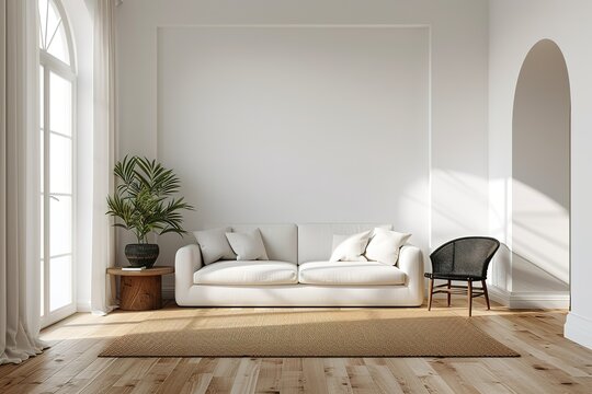 Interior of a contemporary white living room with a white sofa, small entrances, and a wooden floor. Two mock up black armchairs.