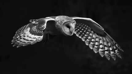 A dramatic black and white capture of a barred owl in flight, its wings spread wide against the