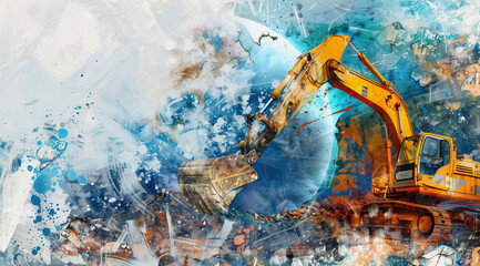 abstract collage featuring construction equipment and planetary elements
