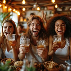 Ecstatic group of young adults toasting with drinks in a lively bar