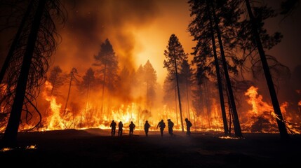 Firefighters bravely battle intense forest fire emergency response amidst chaotic inferno - obrazy, fototapety, plakaty