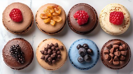Assorted gourmet cupcakes topped with fresh berries and chocolate, perfect for deserts or snacks. delicious sweet treats on a marble background. AI