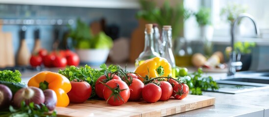 Fresh produce in a modern kitchen for healthy home cooking. - obrazy, fototapety, plakaty