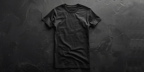 Fashionable black cotton T-shirt on a blank black background. - obrazy, fototapety, plakaty