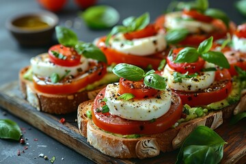 Delicious Italian appetizer with mozzarella, tomatoes and basil on crusty bread. - obrazy, fototapety, plakaty