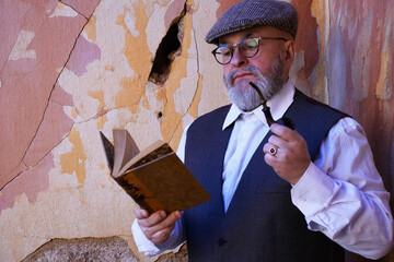 Man with beard pipe hat and vintage clothes reading a book