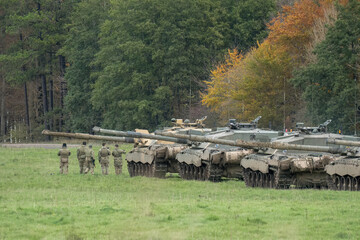 a squadron of British army FV4034 Challenger 2 ii main battle tanks preparing for a military...