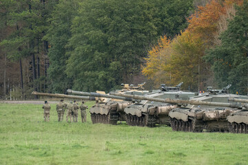 a squadron of British army FV4034 Challenger 2 ii main battle tanks preparing for a military...
