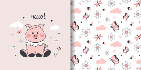 A child's drawing of a pig. Seamless background, cute vector texture for baby bedding, fabric, wallpaper, wrapping paper, textiles and more. Vector design